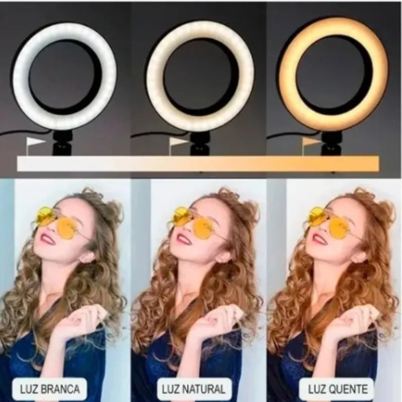 Ring Light com tripé 16cm - Iluminador de mesa / Iluminação para vídeos / Maquiagem / Fotos profissionais